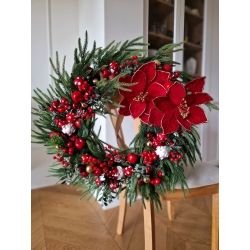 Duży wieniec świąteczny zimowy Czerwień i Złoto 55 cm